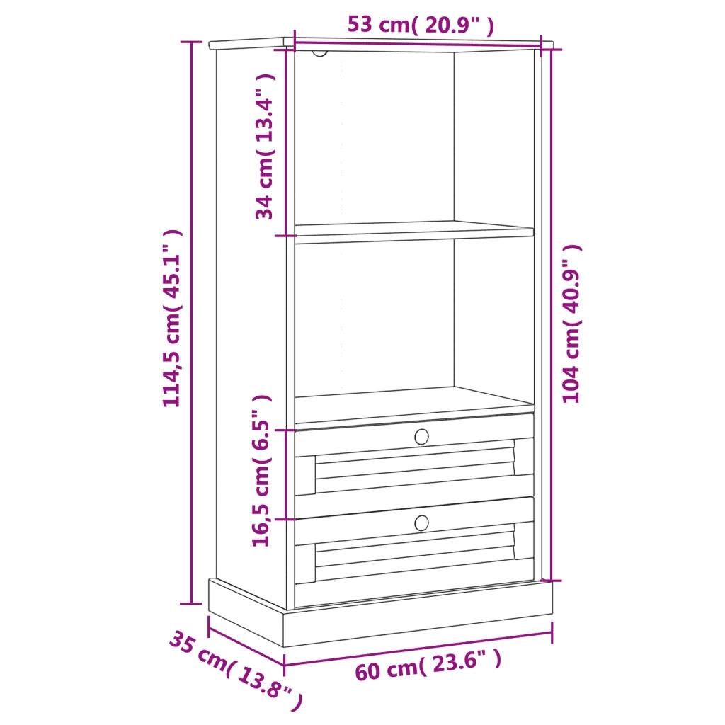 Libreria-Scaffale per Libri-Mobile di Stoccaggio VIGO 60x35x114,5 cm in Legno Massello di Pino Bianco