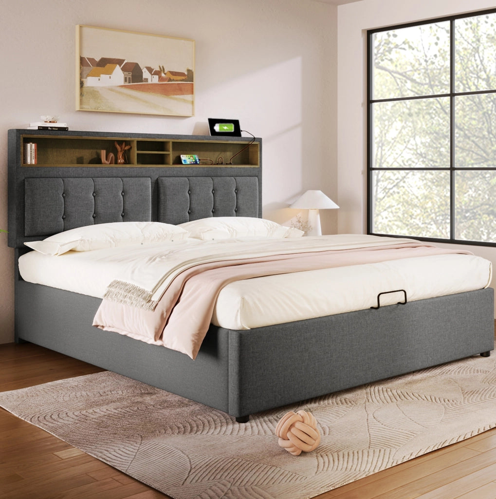 Letto imbottito 140x200 cm grigio con materasso e ricarica USB-C