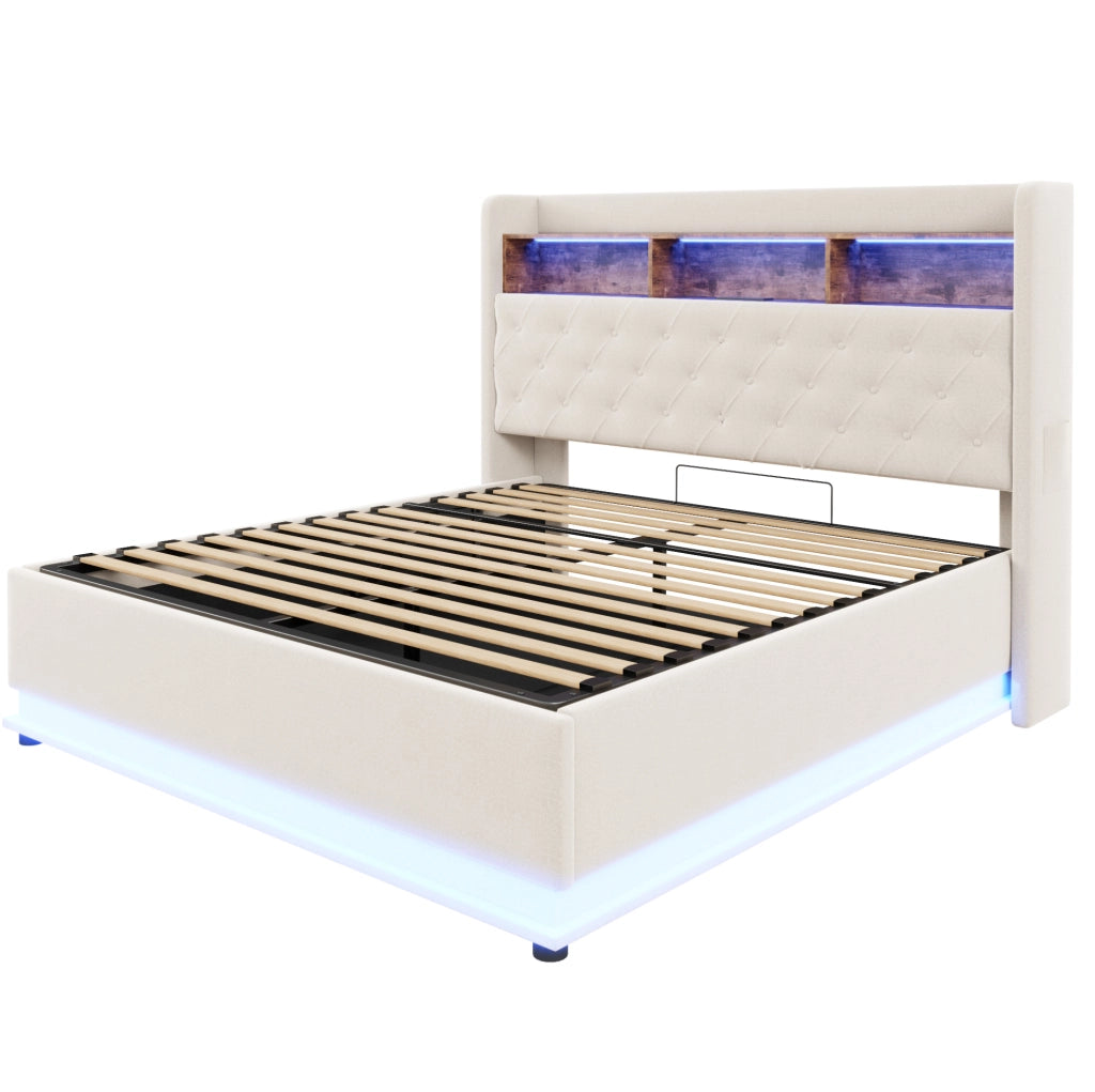 Letto matrimoniale imbottito 180x200 cm con LED; USB e contenitore idraulico; beige