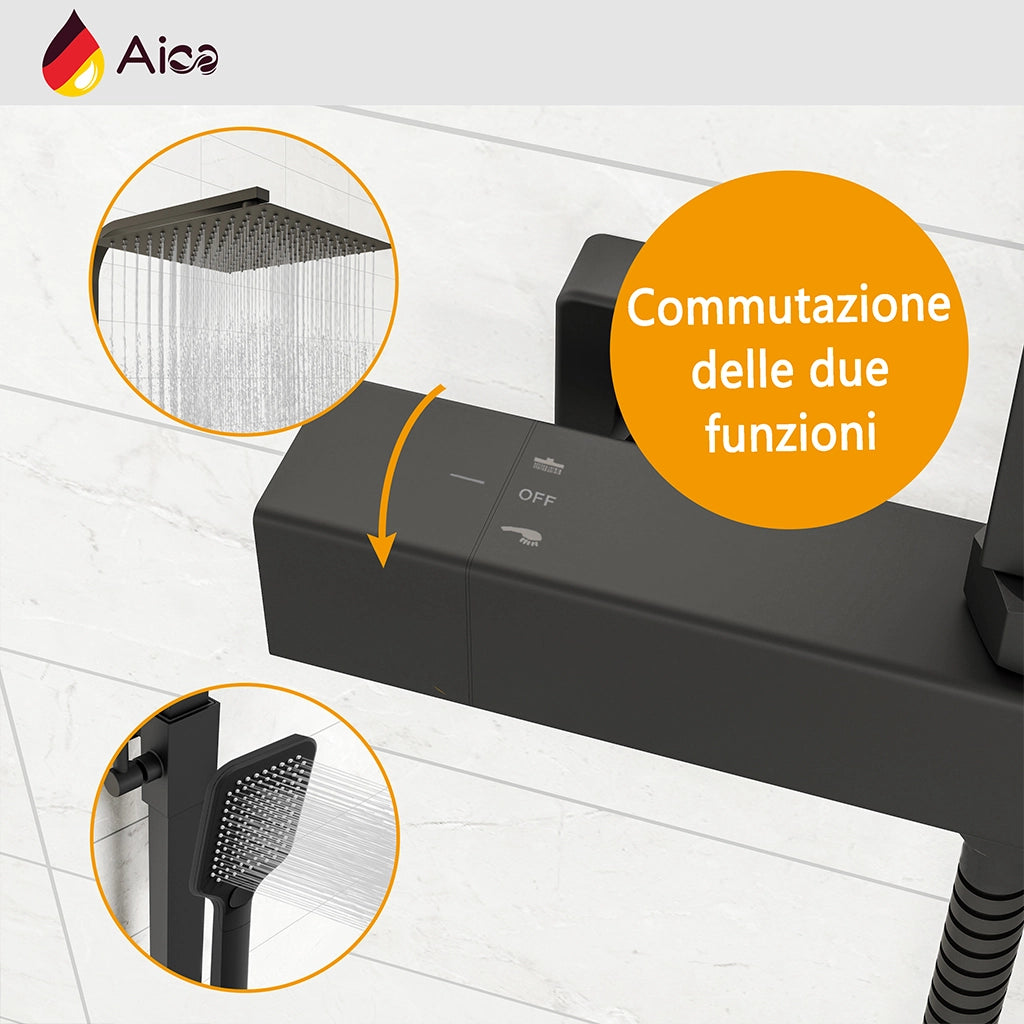 Colonna doccia con rubinetteria rettangolare 280x40mm, walkin doccia soffione a pioggia 30x30cm nero
