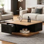 Tavolino da caff¨¨ quadrato 70 x 70 x 31,5 cm con 3 cassetti e vano aperto, colore nero e finitura legno