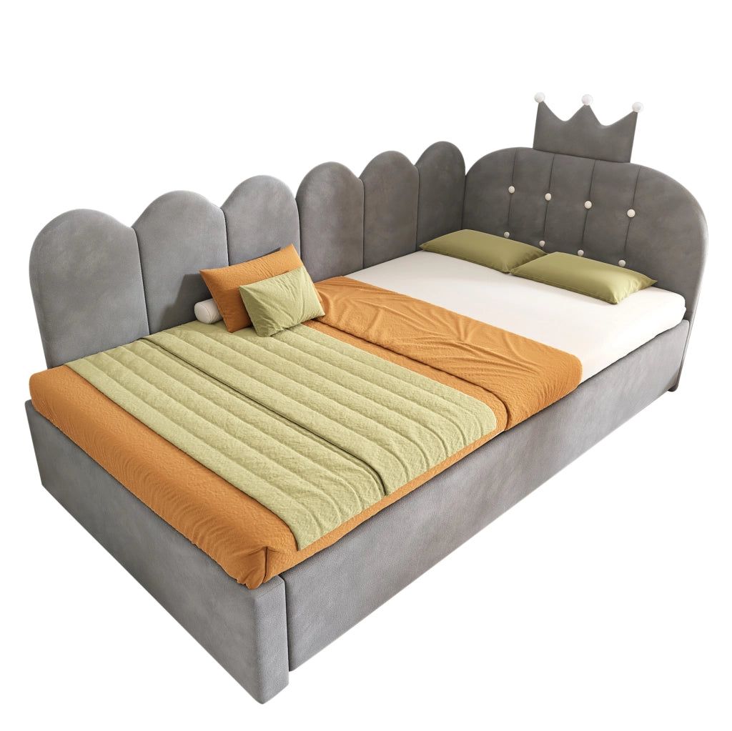 Letto estraibile a L con testiera a corona, velluto grigio