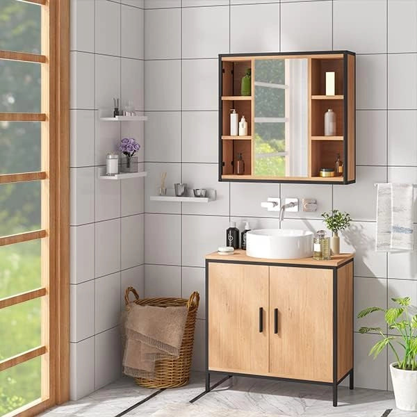 Set di mobili da bagno con armadietto a specchio in metallo + legno modello 11