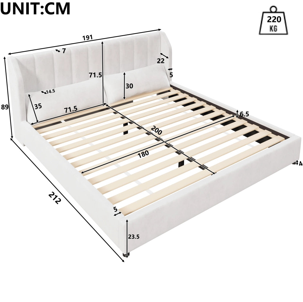 Letto piattaforma imbottito 180x200 cm in velluto francese beige con testiera e rete a doghe