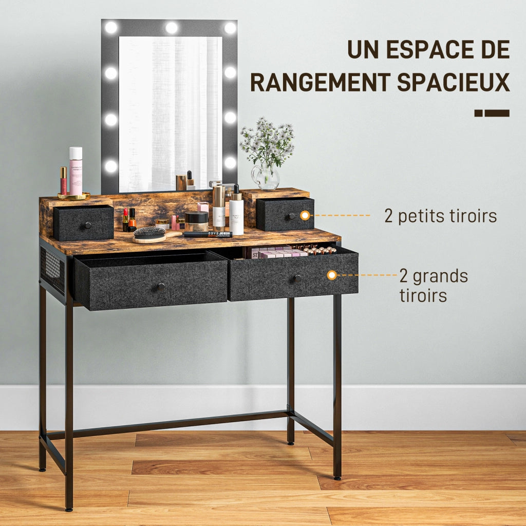 Cassettiera da trucco con specchio LED regolabile ¨C zephmum ¨C 4 cassetti in tessuto, metallo nero, finitura legno scuro