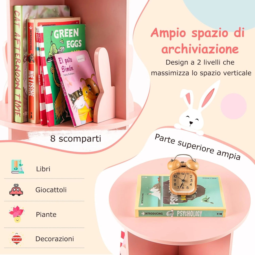 Libreria Girevole per Bambini, Scaffale Moderna in Legno a 2 Ripiani, Libreria Salvaspazio per Soggiorno, Camera da Letto e Studio, 40 x 65 cm (Rosa)