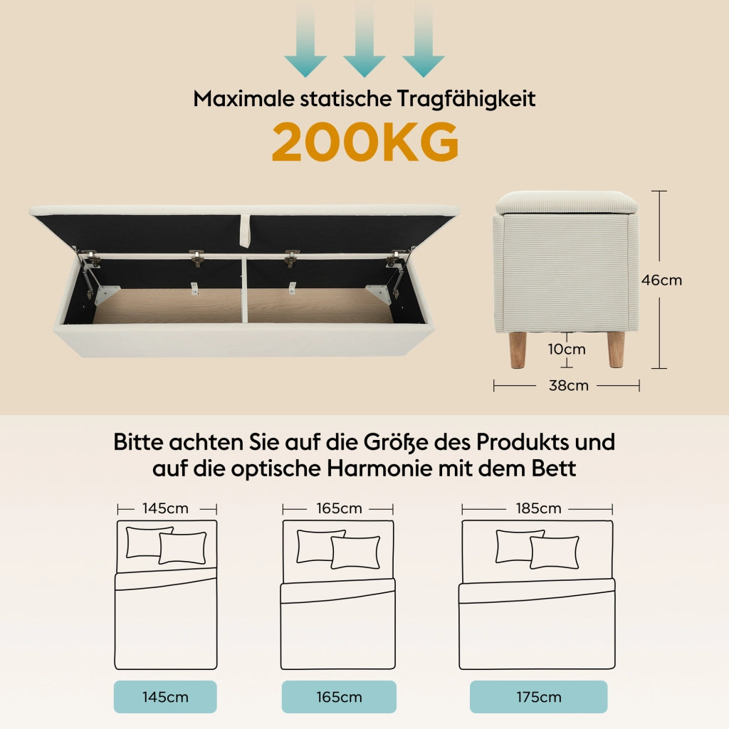 PANCA CONTENITORE 145 cm in cordoncinio beige con sollevamento idraulico