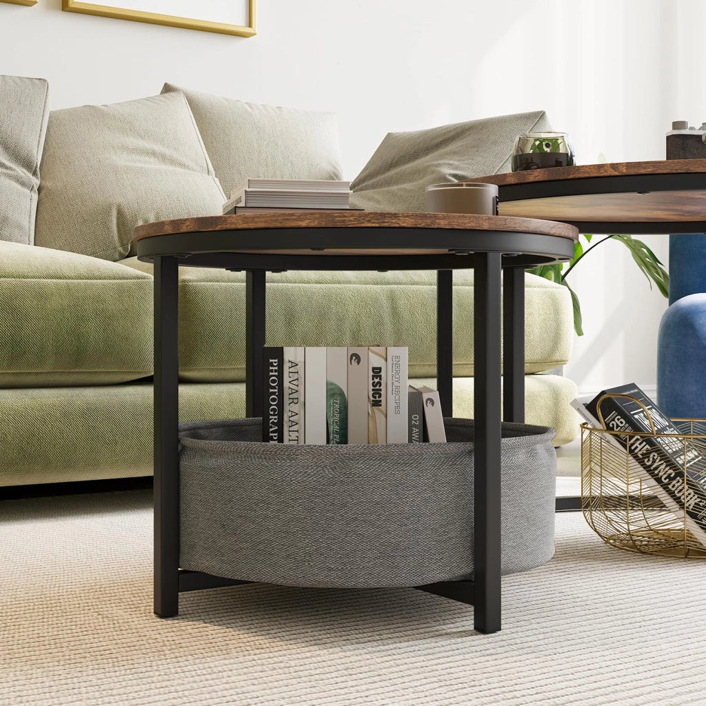 Tavolini bassi impilabili industriali con tasca portaoggetti, 2 pezzi, per soggiorno, in metallo e legno