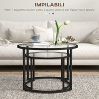 Set 2 Tavolini Sovrapponibili Ø70x47,5 cm e Ø54 x 42,5 cm in Vetro e Acciaio Nero
