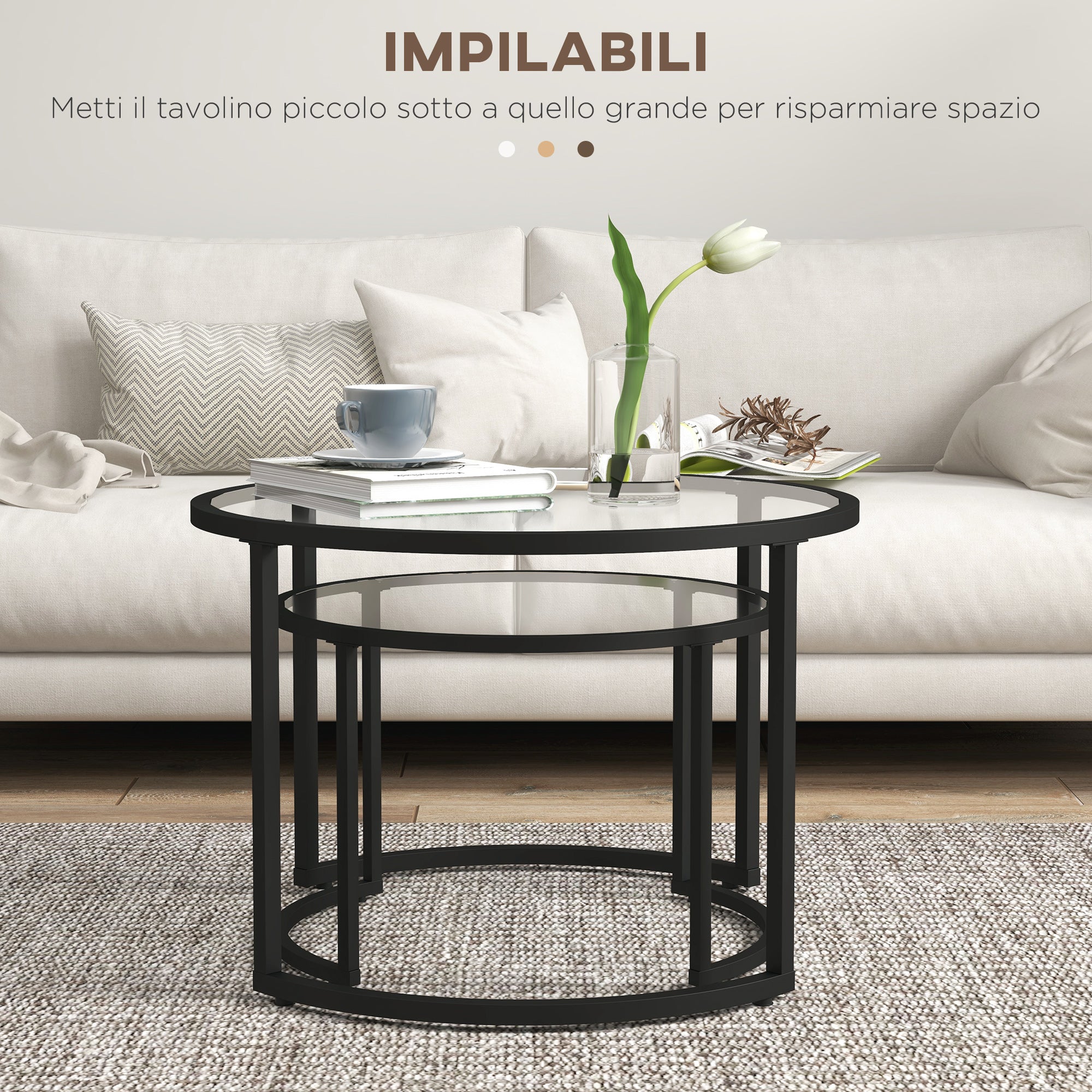 Set 2 Tavolini Sovrapponibili Ø70x47,5 cm e Ø54 x 42,5 cm in Vetro e Acciaio Nero