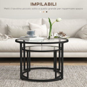 Set 2 Tavolini Sovrapponibili Ø70x47,5 cm e Ø54 x 42,5 cm in Vetro e Acciaio Nero