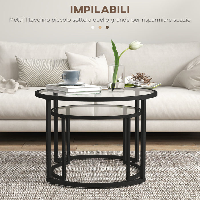 Set 2 Tavolini Sovrapponibili Ø70x47,5 cm e Ø54 x 42,5 cm in Vetro e Acciaio Nero
