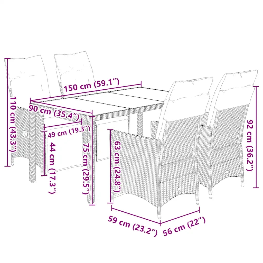 Set BistrÃ² da Giardino 5 pz con Cuscini in Polyrattan Nero