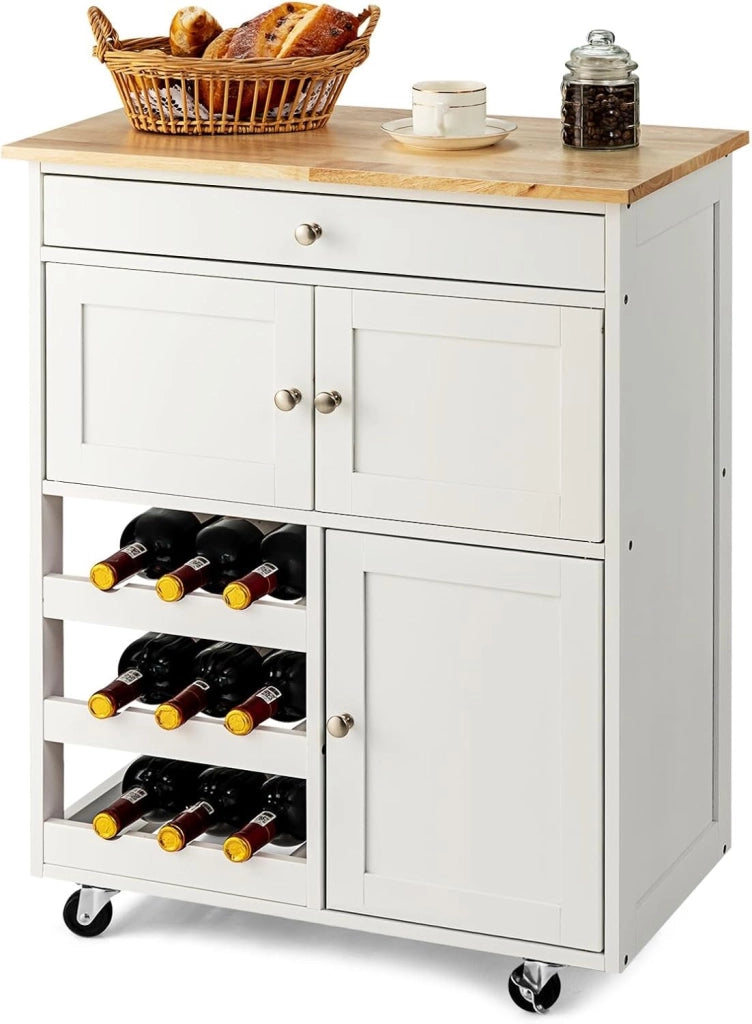 Carrello centrale con ripiani e piano di lavoro in legno di hevea, carrello con ruote e cassetto, 2 armadi, portabottiglie a 3 livelli, carrello con ruote, 67 x 37 x 86 cm (Bianco)