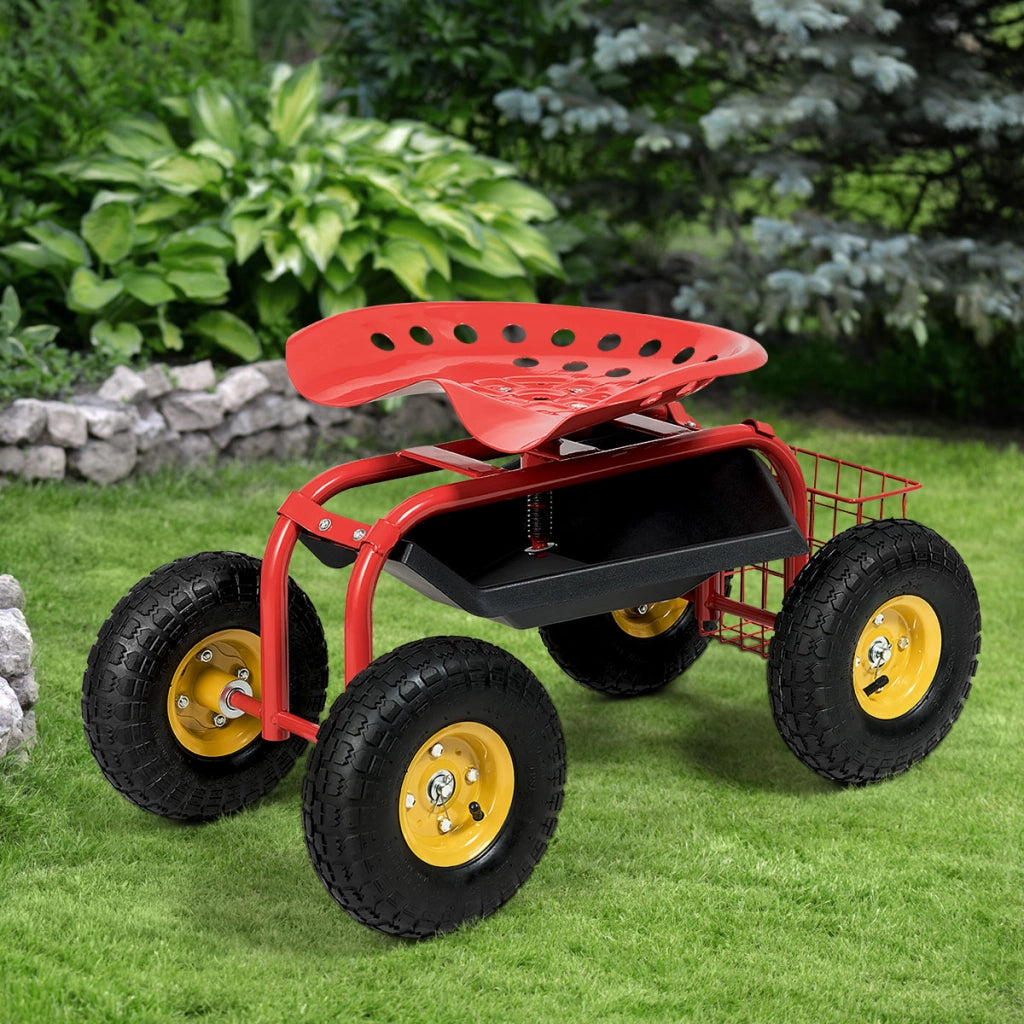 Sgabello da giardino con ruote seduta regolabile in altezza e girevole a 360¡ã cestello, Sedile per giardinaggio Rosso