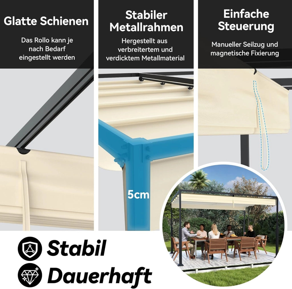 Pergola, 3 x 4 m, baldacchino, impermeabile, stabile, invernale, gazebo da giardino con zone di ombra regolabili, protezione solare per giardino, terrazza e balcone, beige