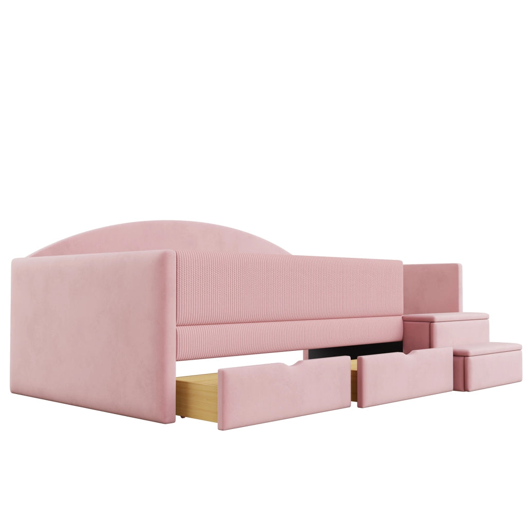 Letto per bambini 90 × 190 cm con 2 cassetti, barriera e scalini, senza materasso, in velluto, rosa