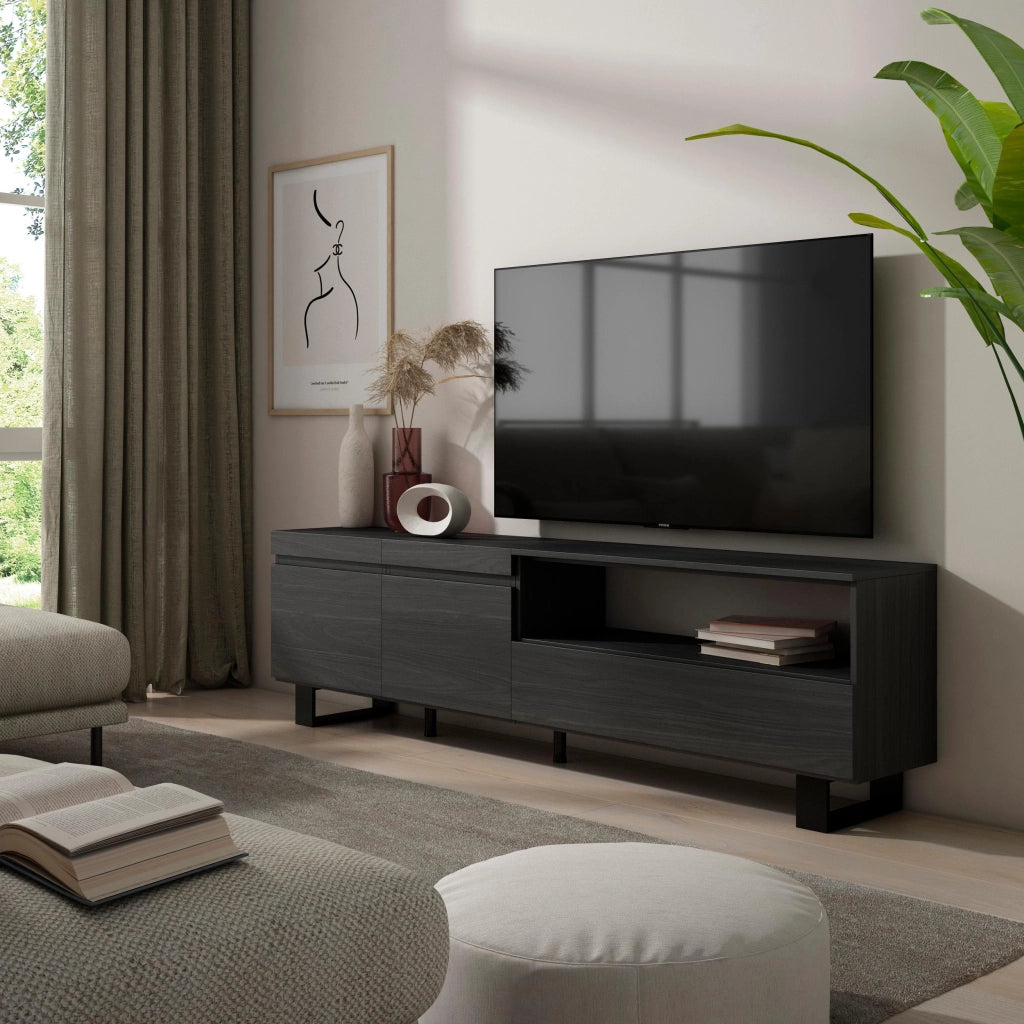 Mobile TV, 200x35x57cm, soggiorno, Per TV fino a 80", Design industriale, Nero RF2191