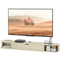 Mobile TV Sospeso con Cassetto Ribaltabile, 2 Ripiani Aperti e Gestione Cavi 140x24x16 cm Legno naturale
