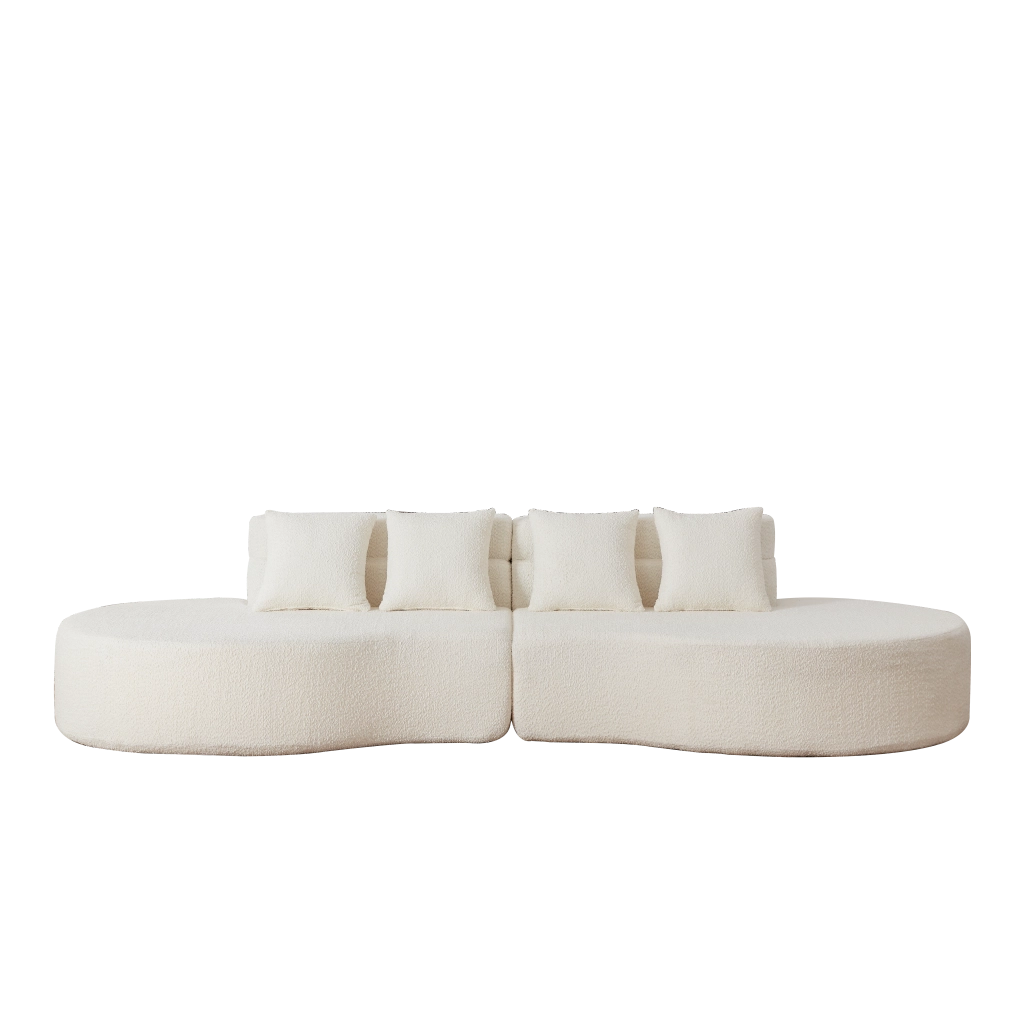 Divano modulare a 2 pezzi in chenille beige con schienale a strati e design curvo senza telaio