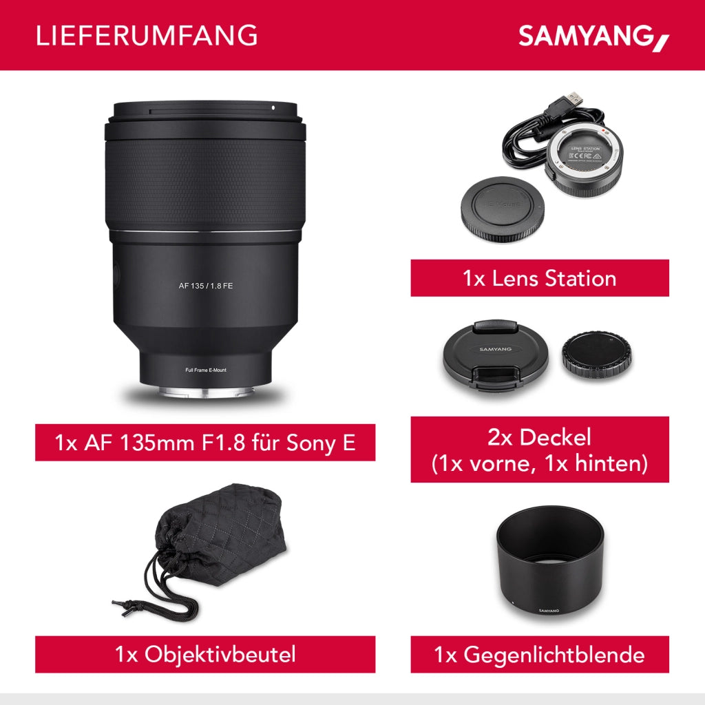 Set Teleobiettivo AF 135mm F1.8 FE compatibile con Sony E & Lens Station - autofocus full frame e APS-C - lunghezza focale fissa, per uso esterno - per A9 A7 A1 Alpha 6000 A7C II