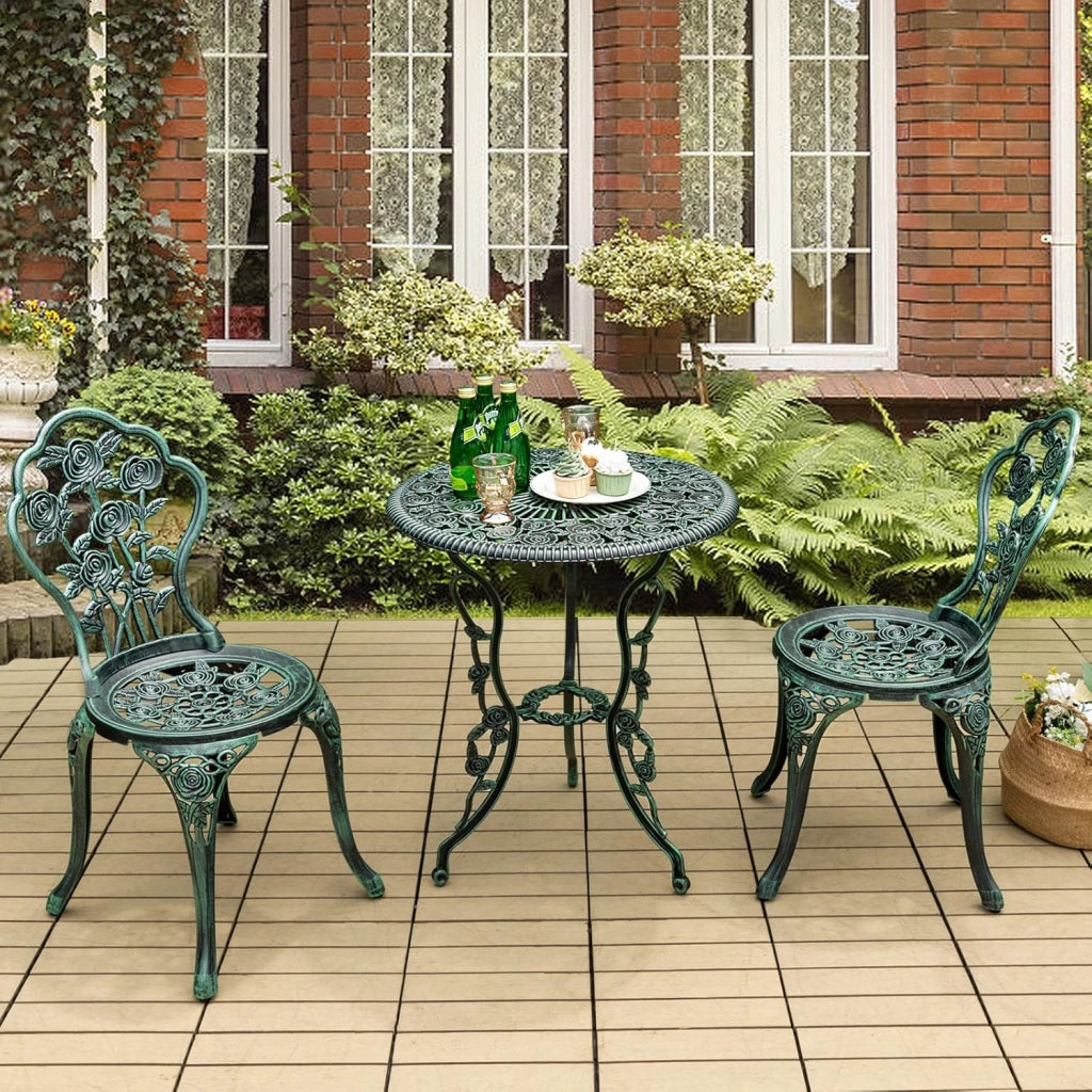 Set Tavolo da Bistrot in Fusione di Alluminio Set da 3 Pezzi Tavolino con 2 Sedie per Giardino Balcone Bordo Piscina, Colore Verde Bronzo/Bianco (Verde Bronzo)