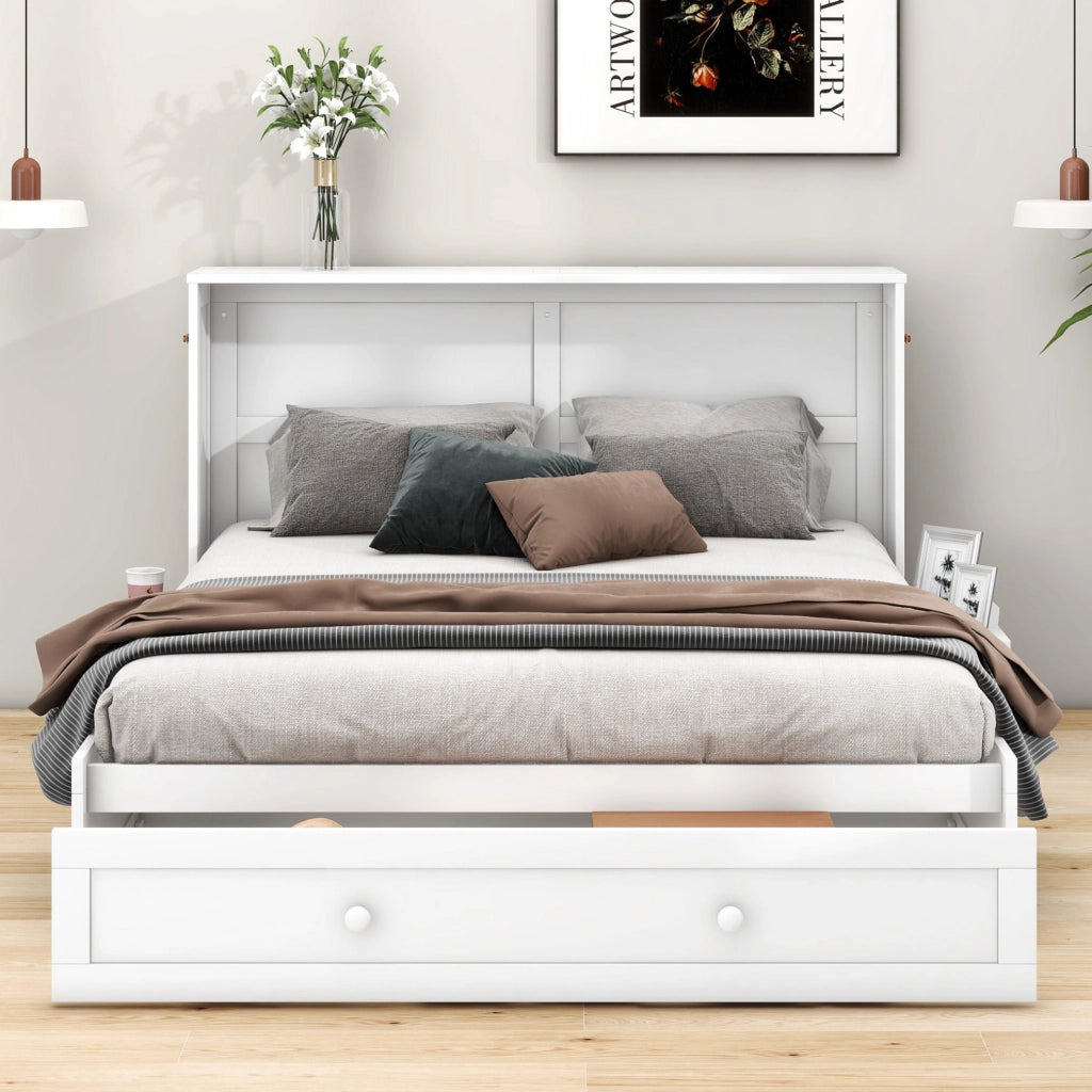 LETTO A SCOMPARSA 140x200 cm Bianco in pino e MDF con cassetto e ripiani