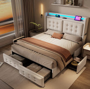 Letto matrimoniale imbottito 140x200 cm con LED; USB e 4 cassetti; beige