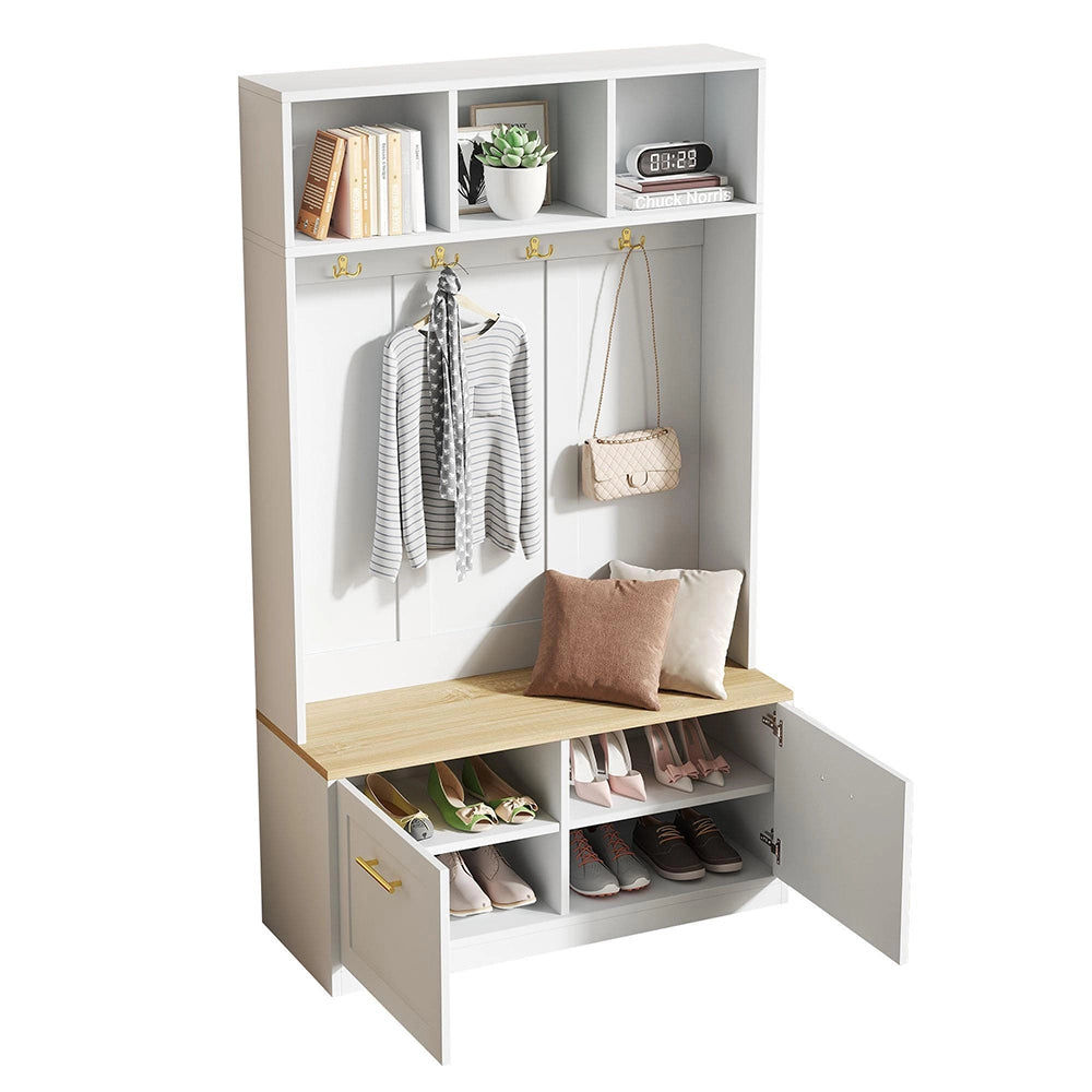 Vestiaire con panchina - Xylo - 105¡Á40¡Á180 cm - Naturale e bianco - 4 ganci e 2 porte