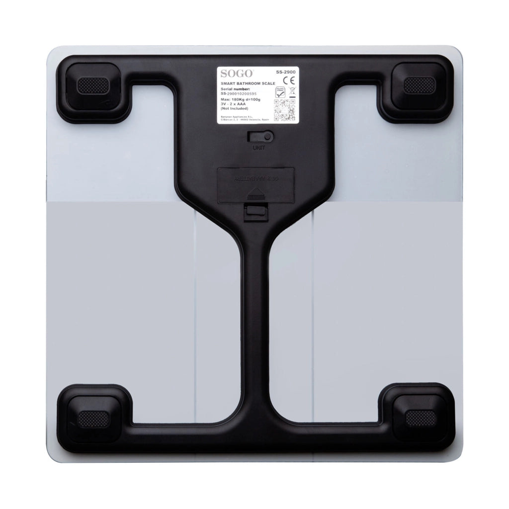 Bilancia pesapersone smart Bluetooth, display LED cristallo temperato, analisi composizione corporea BMI grasso muscoli 180kg - SOGO