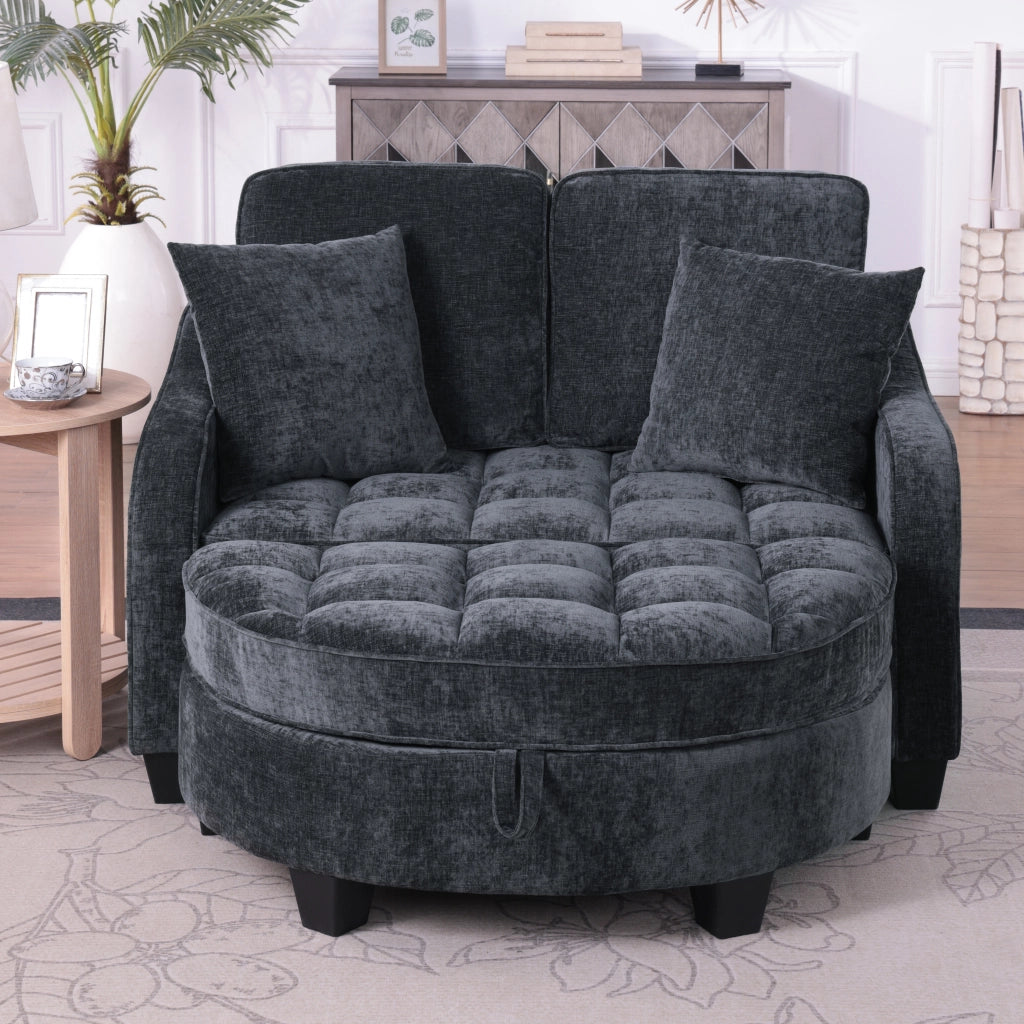 Divano letto convertibile con pouf contenitore e chaise longue; in tessuto; legno di eucalipto; nero; 132 Ã— 129 Ã— 93 cm