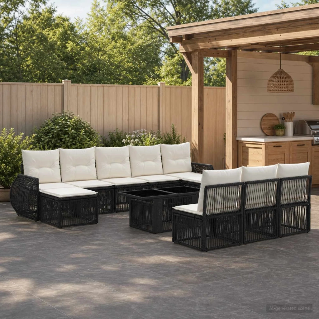 Set Divano da Giardino 11 pz Nero e Bianco Crema polyrattan 3436999