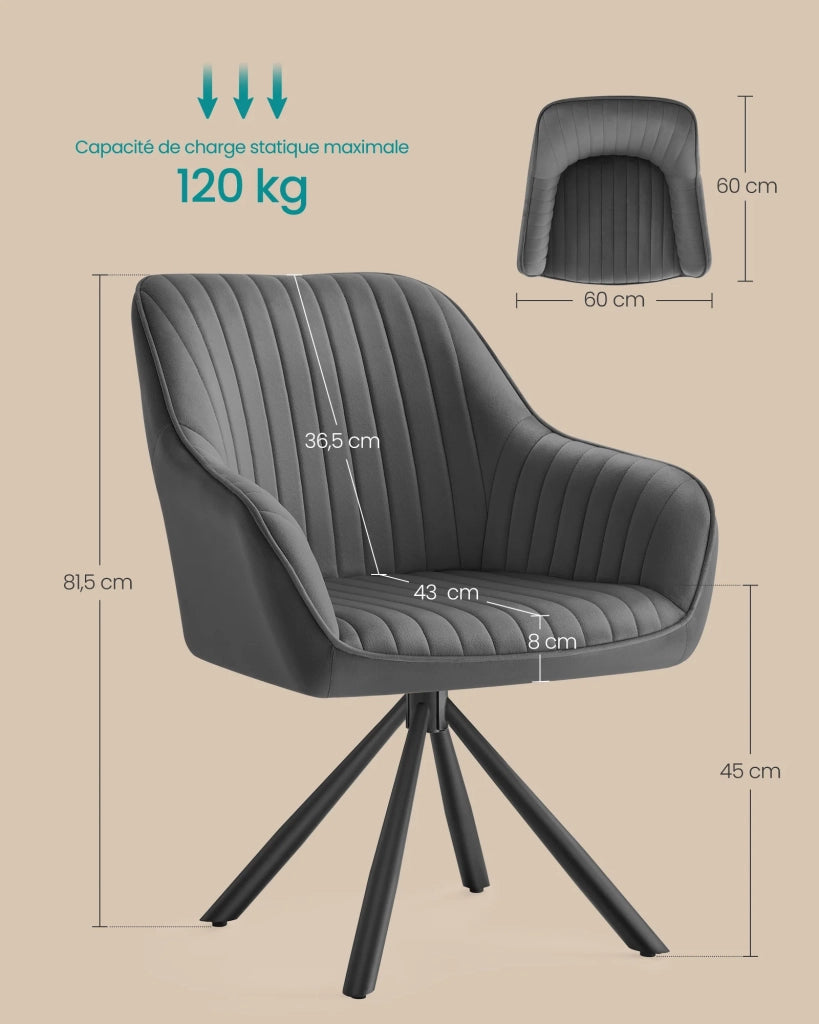 Sedia da pranzo poltrona girevole rivestimento in velluto con braccioli portata 120 kg gambe in acciaio per sala da pranzo/cucina grigio 12_0004969