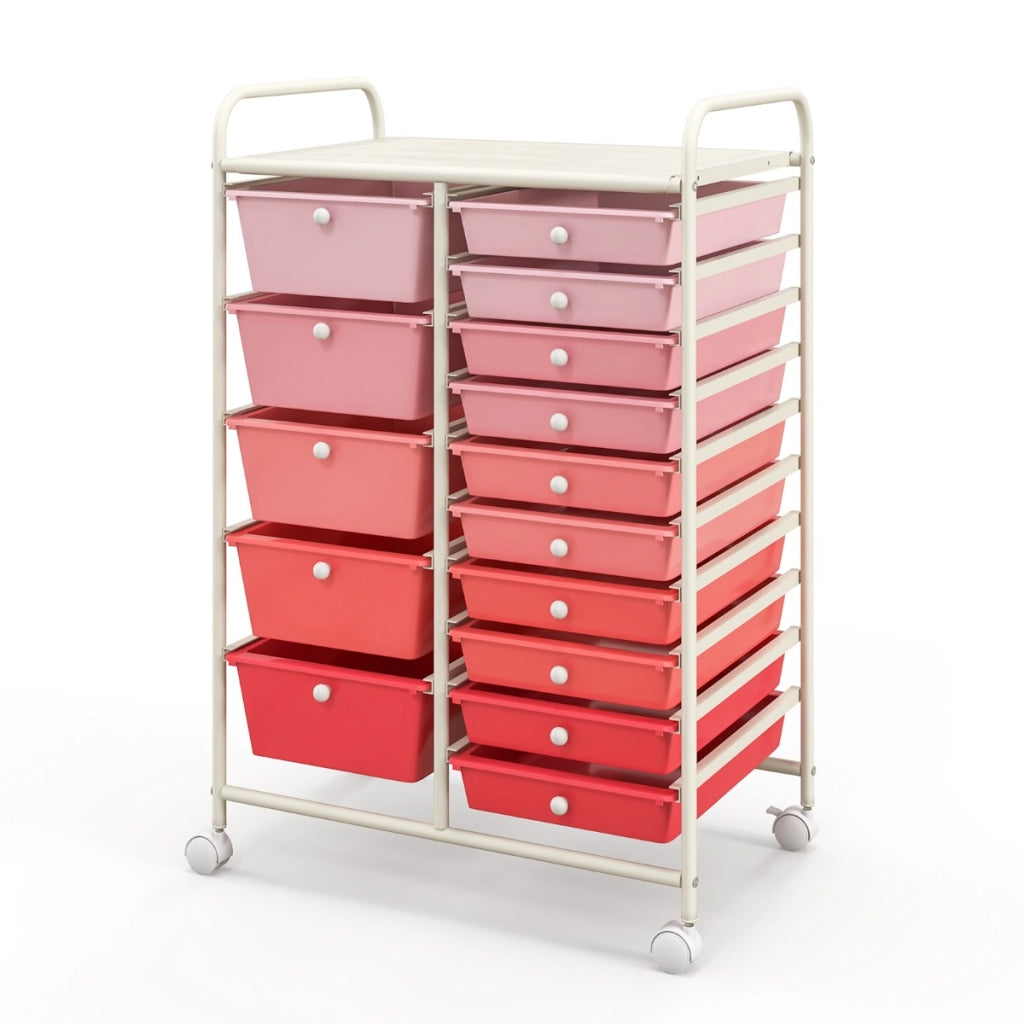 Carrello con 15 cassetti estraibili e ruote con freno, Carrello multiuso per casa ufficio scuola Rosa-Armadi da ufficio