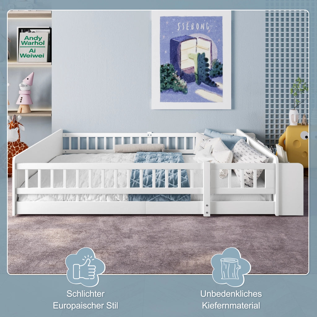 Letto per bambini bianco in pino con spazio di stoccaggio aperto e cassetti integrati 140x200 cm