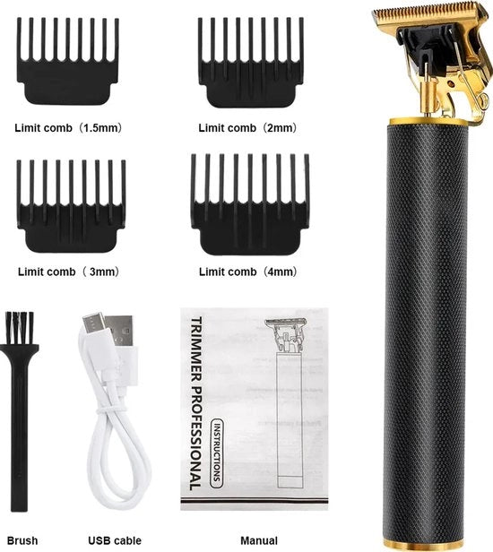 Tondeuse professionale con trimmer per capelli, trimer per barba, rasoio e tondi con USB, 1200 mAh di capacità e 4 x testine intercambiabili.