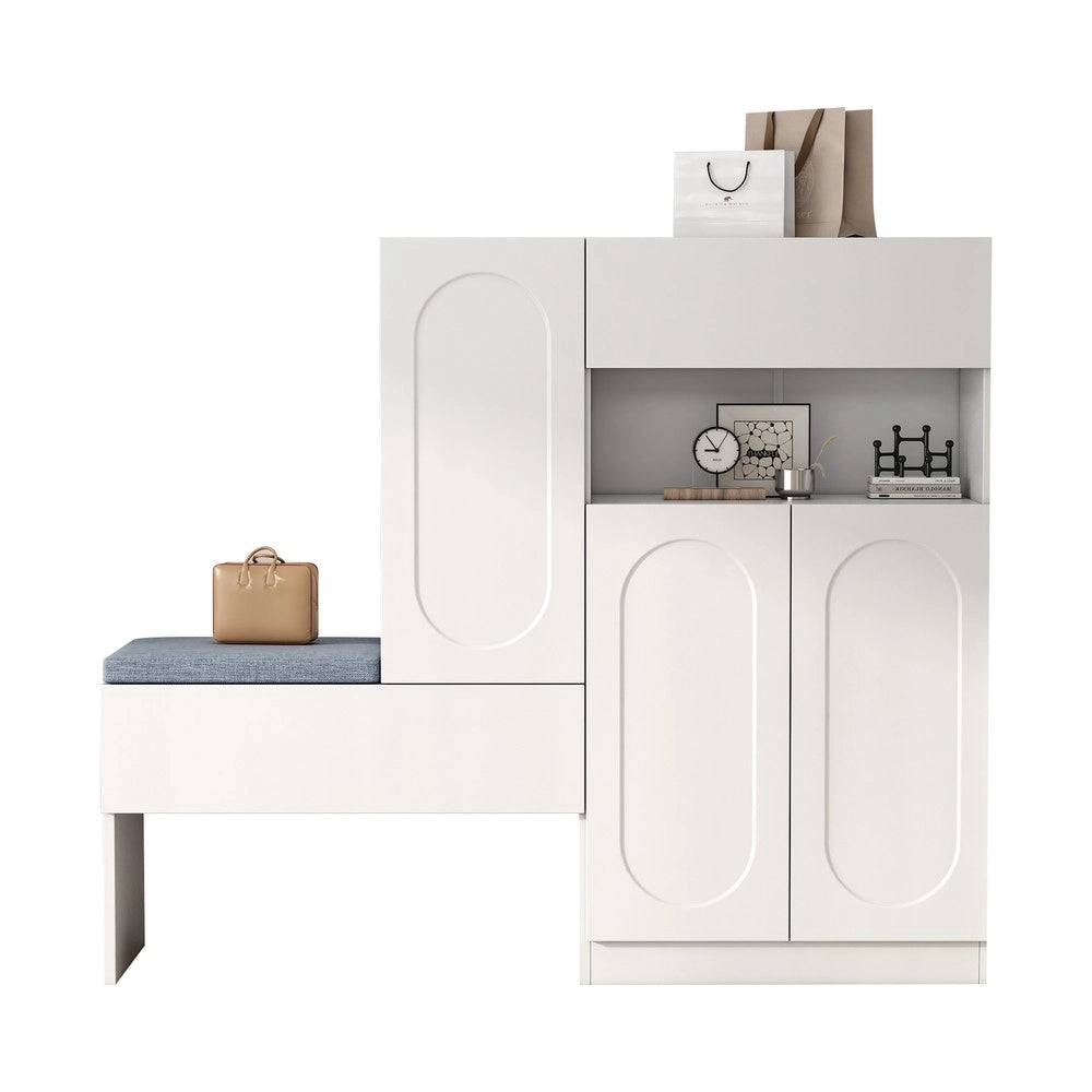Scarpiera Panca 2 in 1 con Ante e Seduta Imbottita ¨C MINIMAL ¨C Bianco, 130x35x110 cm