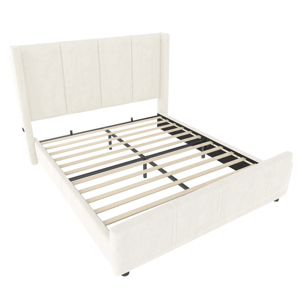 OKWISH Letto Imbottito 140×200 cm, Letto Matrimoniale con USB e Tipo C, Testiera Alta, senza Materasso, in Velluto, Beige
