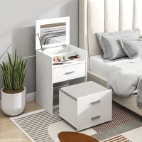 Tavolo da Trucco in Legno con Specchio Ribaltabile, 2 Cassetti e Sgabello, 50x40x113.5 cm, Bianco