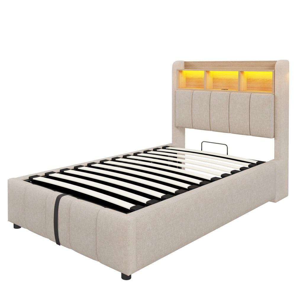 Letto imbottito 90x200 cm in tessuto effetto lino beige con LED; USB-C e contenitore idraulico
