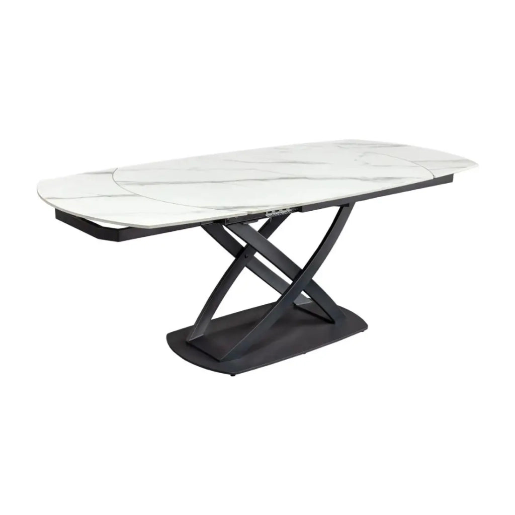 Tavolo ATONIA – Ovale estensibile 130 a 190 cm – Piano in ceramica effetto marmo bianco – Piedi in metallo – Stile moderno