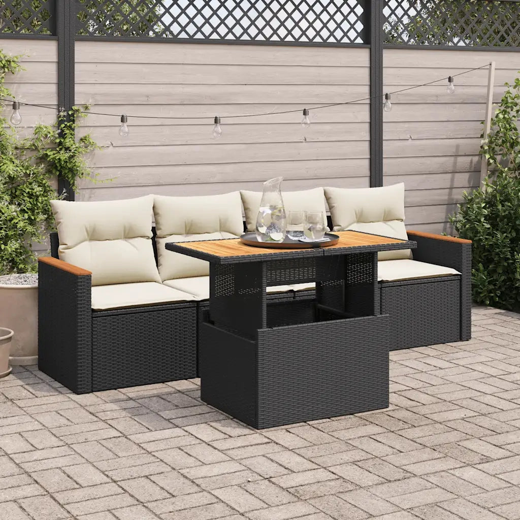 Set Divani da Giardino 5 pz con Cuscini Nero Polyrattan Acacia