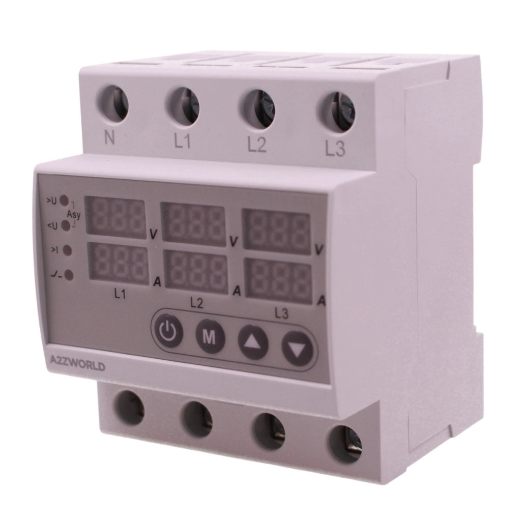 Relè Monitoraggio e Protezione Tensione Corrente con Display, 4P Trifase 80A AC220V, Protezione Sovra/Sottotensione e Sovracorrente, Guida DIN, Ingresso da Sotto, GPS8-03