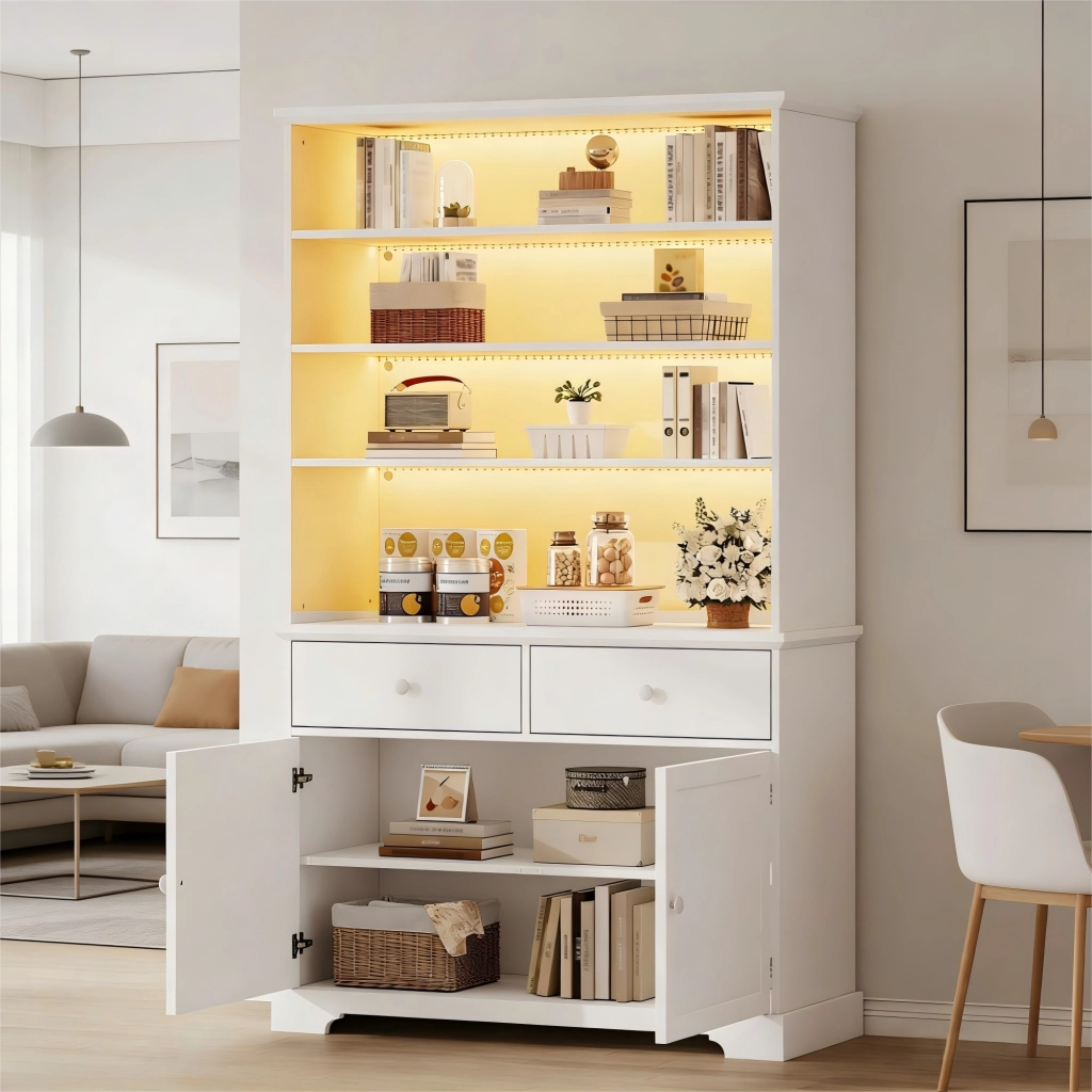 VETRINA con LED 100x38x170 cm Bianca in Truciolato con 2 Cassetti e 2 Ante