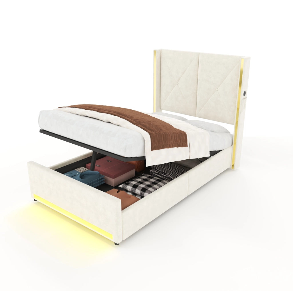 Letto imbottito 90x200 cm in velluto beige con contenitore; USB Type-C e LED