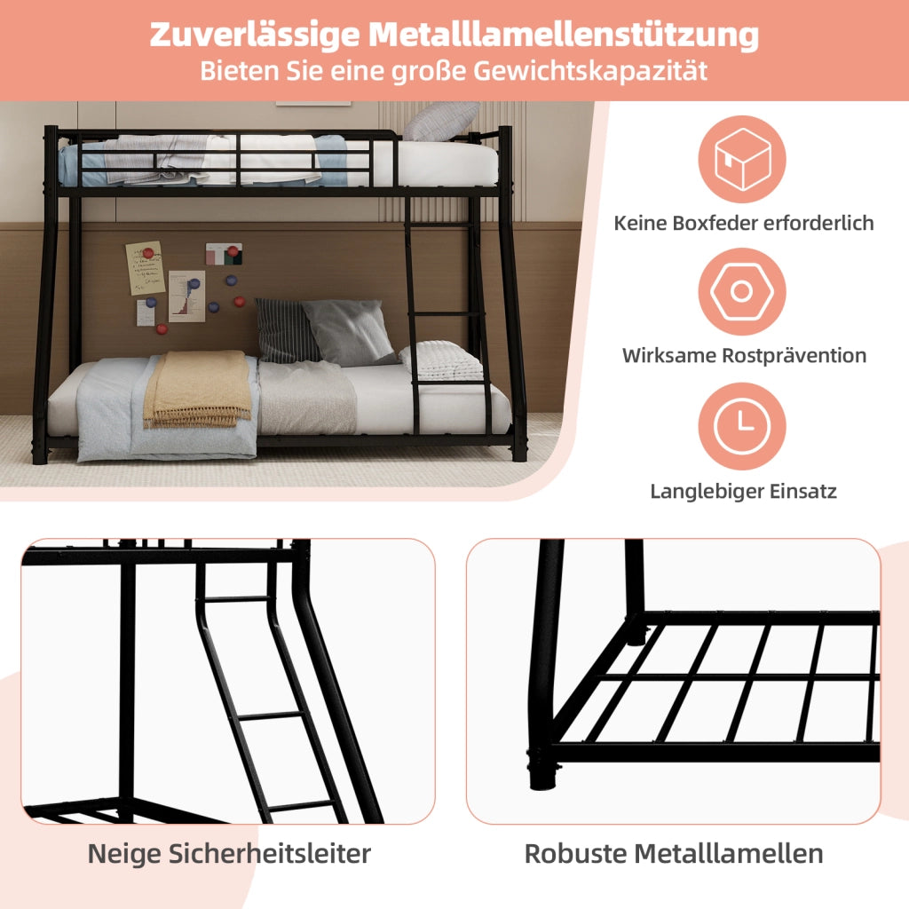 Letto a castello 90 × 190 cm et 140 × 190 cm con scala, parapetti alti, senza materasso, in metallo nero