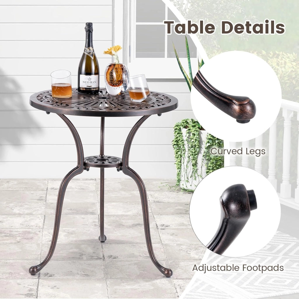 Tavolo da bistrot per esterni, φ61 cm, con foro per ombrellone e poggiapiedi regolabili, resistente alle intemperie, balcone in alluminio pressofuso
