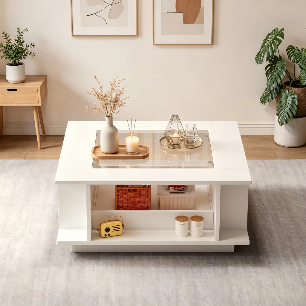 Tavolino basso quadrato con LED, 2 vani aperti e ripiani laterali, in truciolato e vetro, bianco, 70 × 70 × 30 cm
