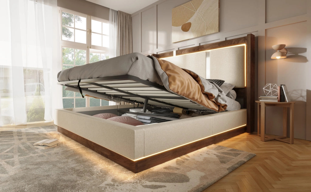 Letto imbottito 90x200 cm con rete a doghe, LED e contenitore, lino beige e noce, senza materasso