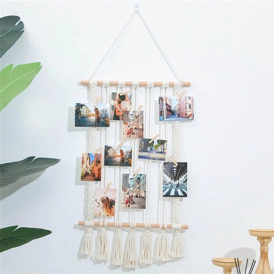 Porta carte con maniglia in legno di betulla - display di foto in macramè - tessuto di cotone sostenibile - decorazione per parete - adatto per camera da letto e salotto